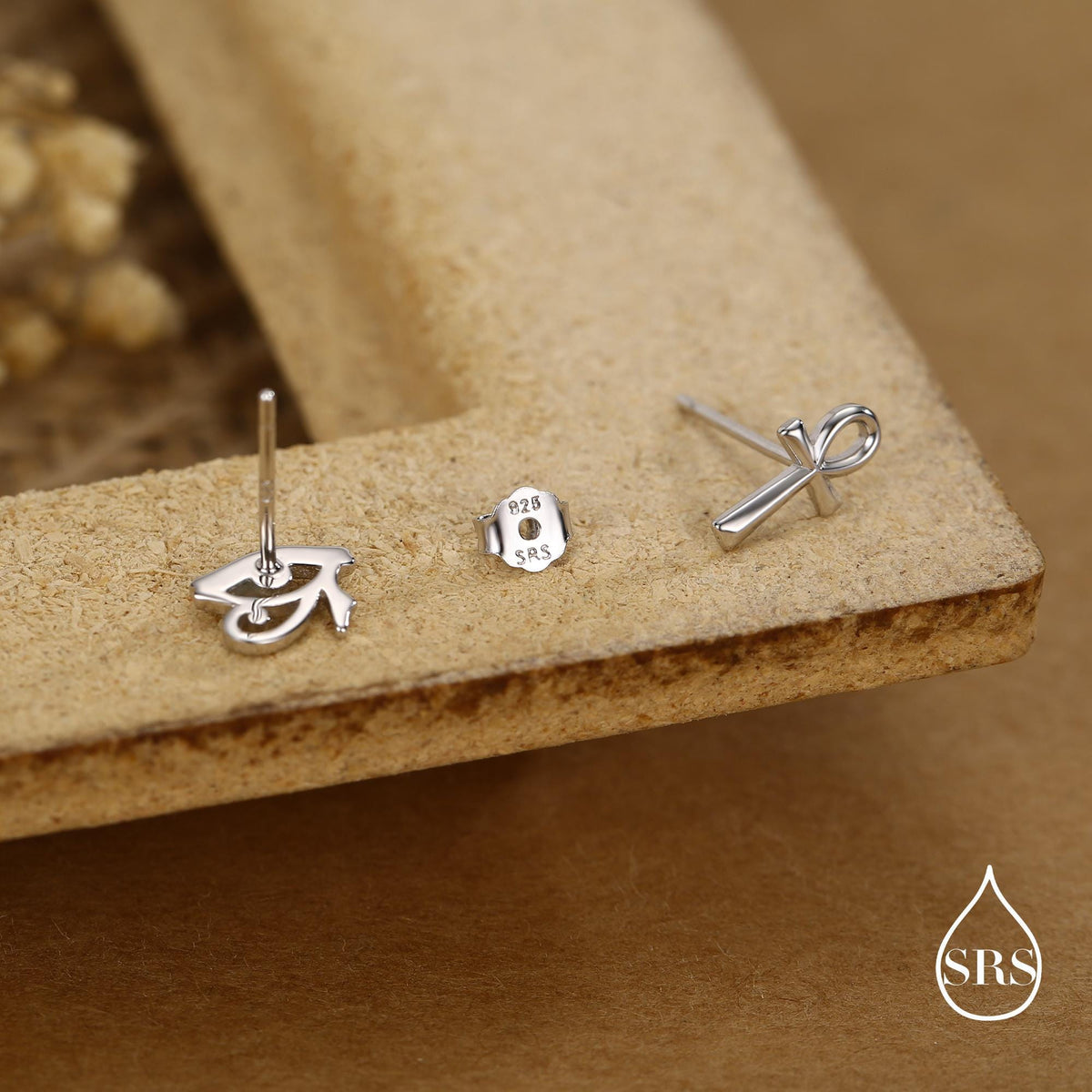 Mismatched Ankh and Eye of Horus Stud Earrings in Sterling Silver, Silver or Gold Finish, Egyptian Hieroglyphics Earrings, Ankh Earrings