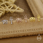 Mismatched Ankh and Eye of Horus Stud Earrings in Sterling Silver, Silver or Gold Finish, Egyptian Hieroglyphics Earrings, Ankh Earrings