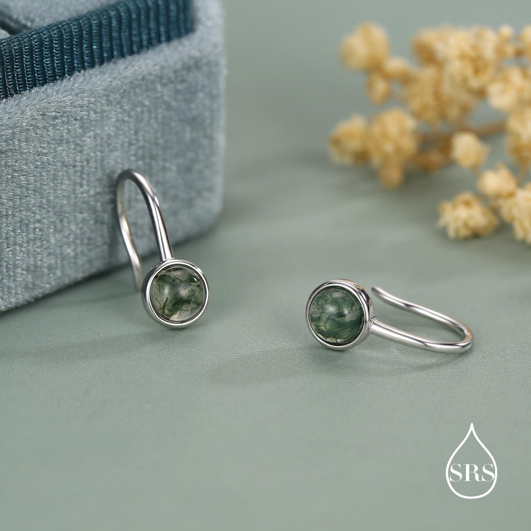 Sterling Silver Moss Agate Cabochon Drop Earrings