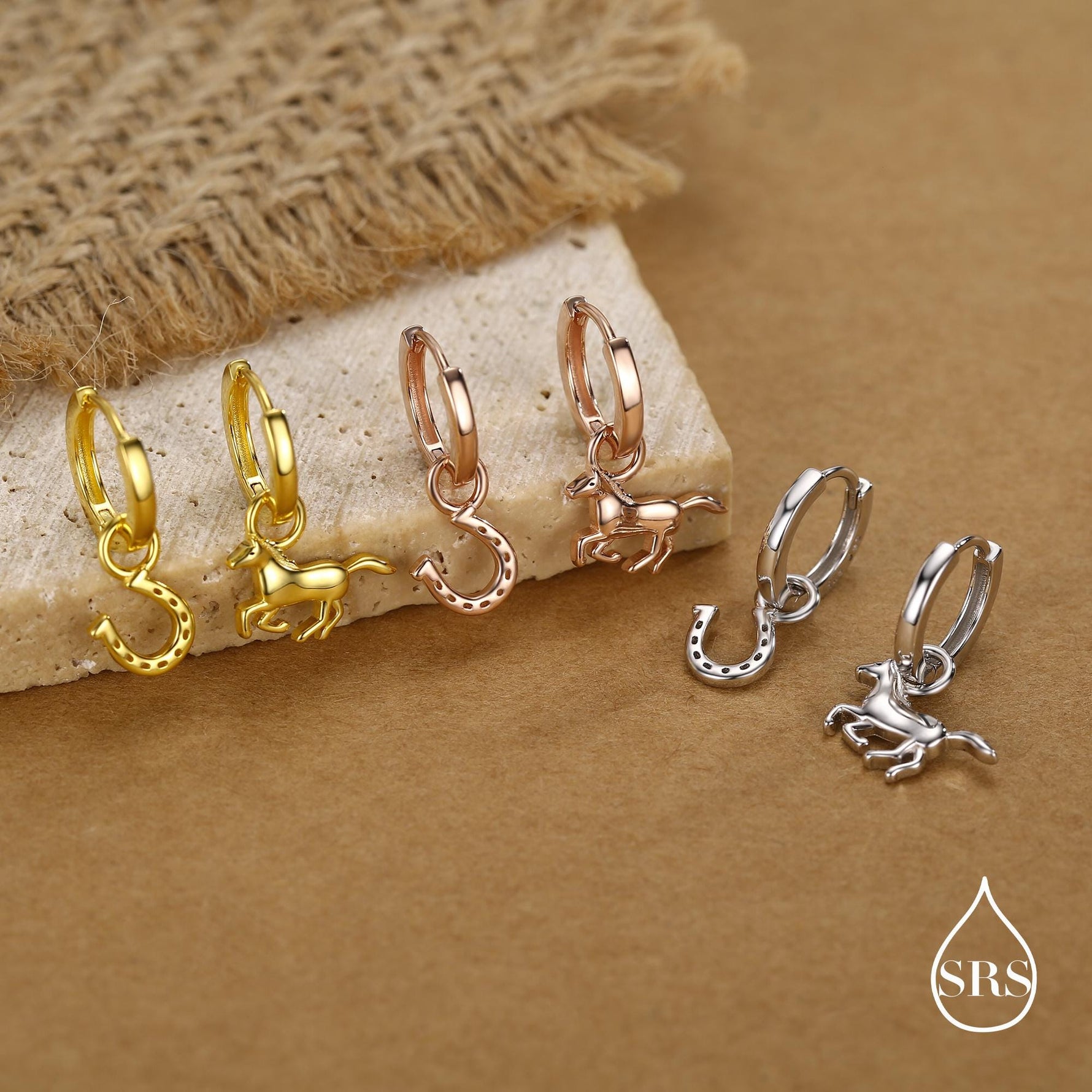 Mismatched Horse and Horseshoe Huggie Hoops in Sterling Silver, Silver or Gold or Rose Gold, Detachable Horse and Horse Shoe Hoop Earrings