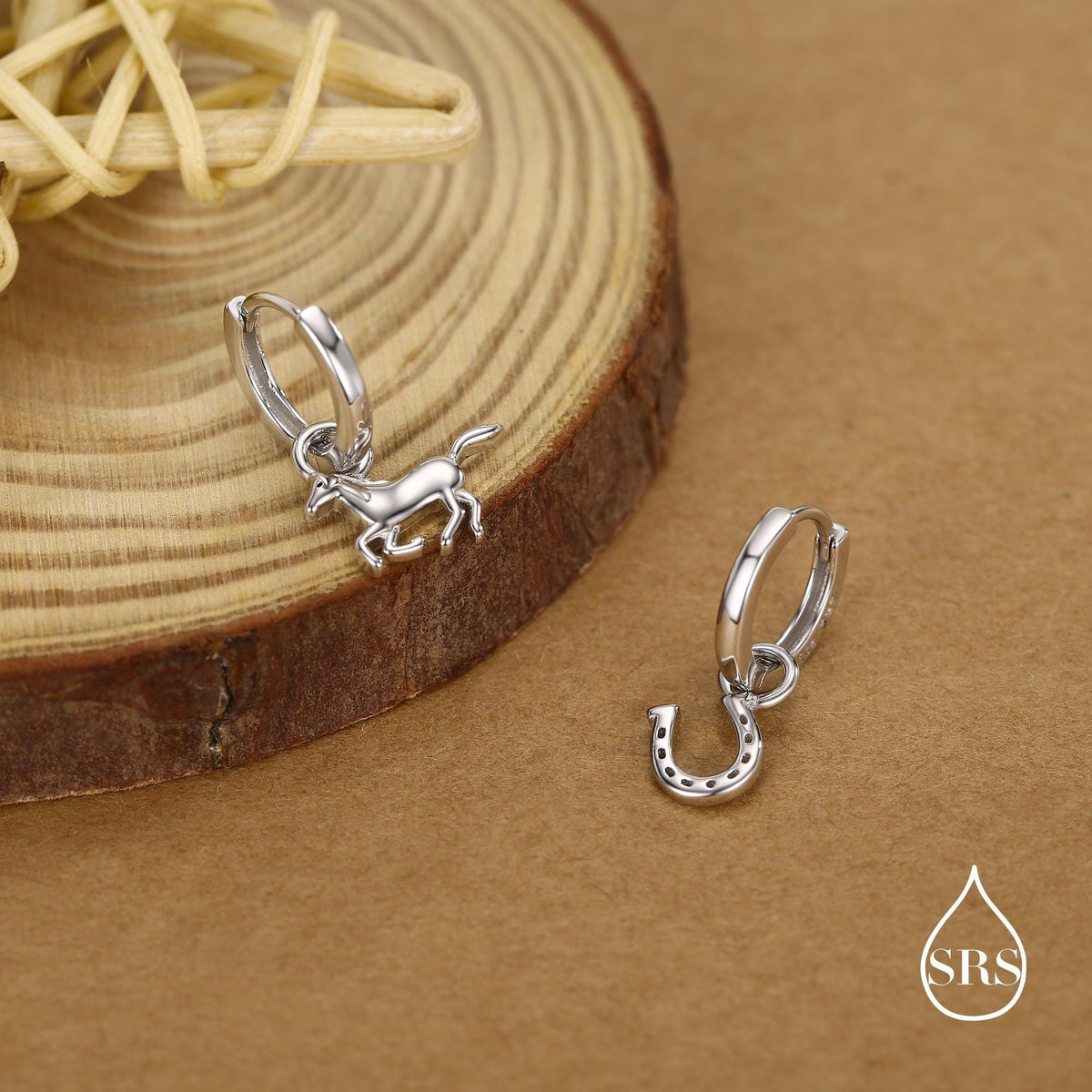 Mismatched Horse and Horseshoe Huggie Hoops in Sterling Silver, Silver or Gold or Rose Gold, Detachable Horse and Horse Shoe Hoop Earrings