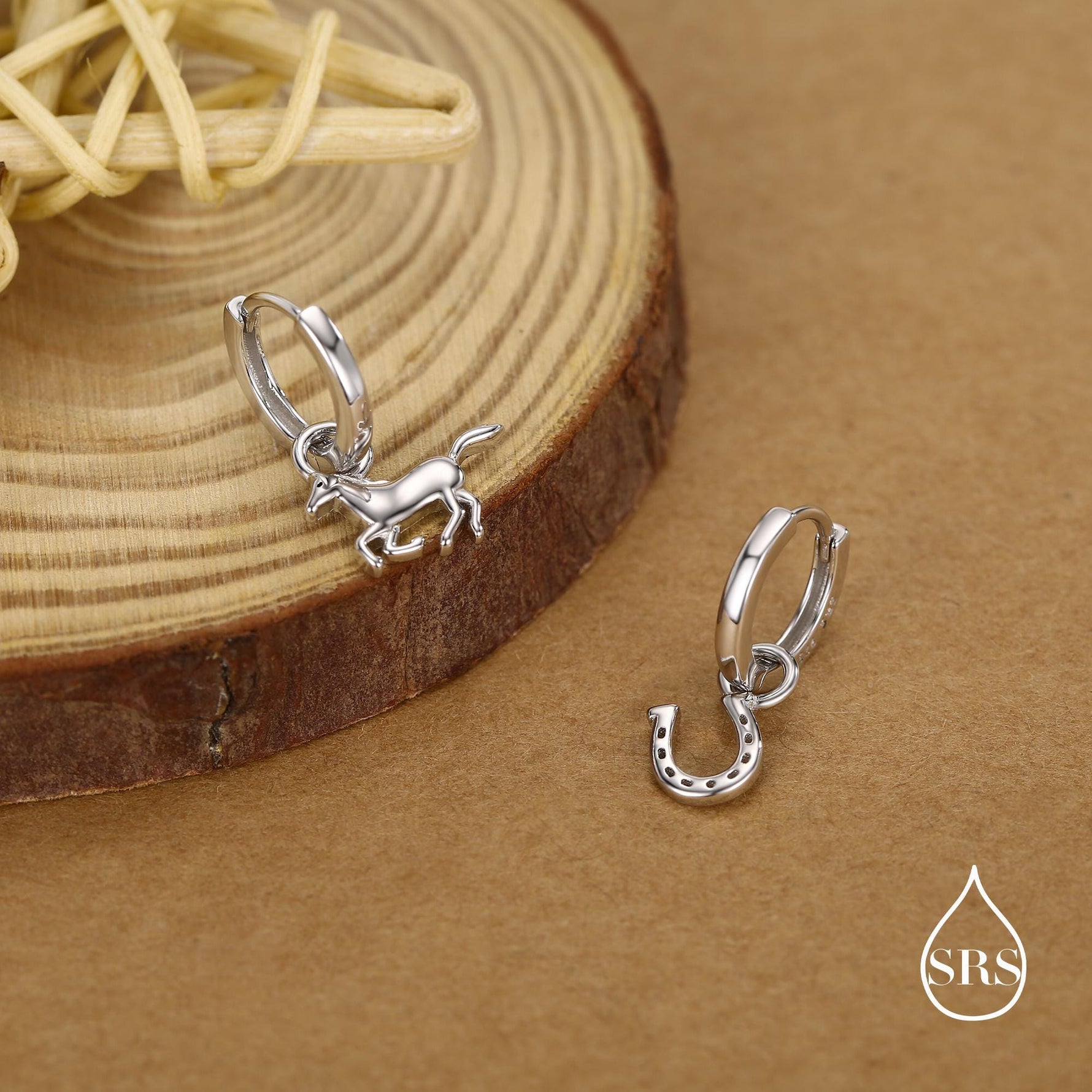 Mismatched Horse and Horseshoe Huggie Hoops in Sterling Silver, Silver or Gold or Rose Gold, Detachable Horse and Horse Shoe Hoop Earrings