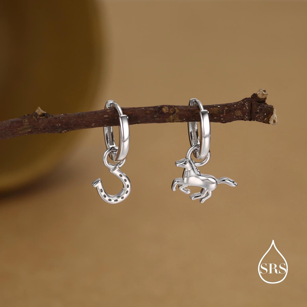 Mismatched Horse and Horseshoe Huggie Hoops in Sterling Silver, Silver or Gold or Rose Gold, Detachable Horse and Horse Shoe Hoop Earrings