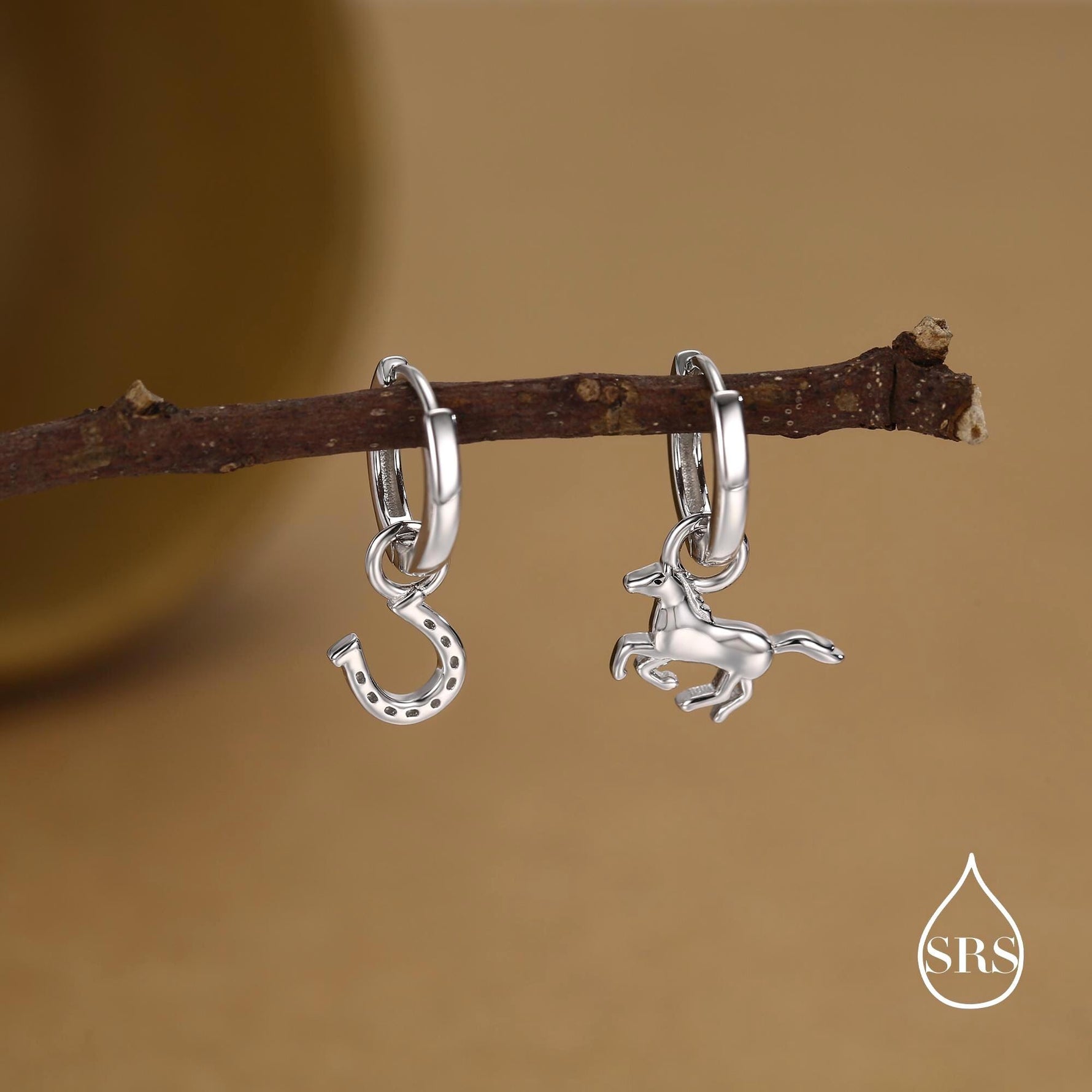 Mismatched Horse and Horseshoe Huggie Hoops in Sterling Silver, Silver or Gold or Rose Gold, Detachable Horse and Horse Shoe Hoop Earrings