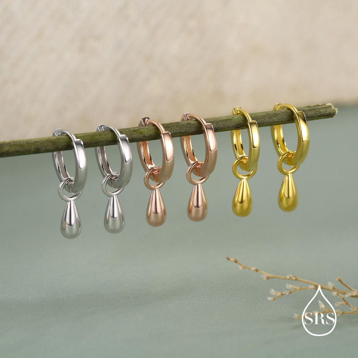 Sterling Silver Droplet Hoop Earrings, Silver, Gold or Rose Gold, Water Drop Earrings, Interchangeable Charms, Detachable