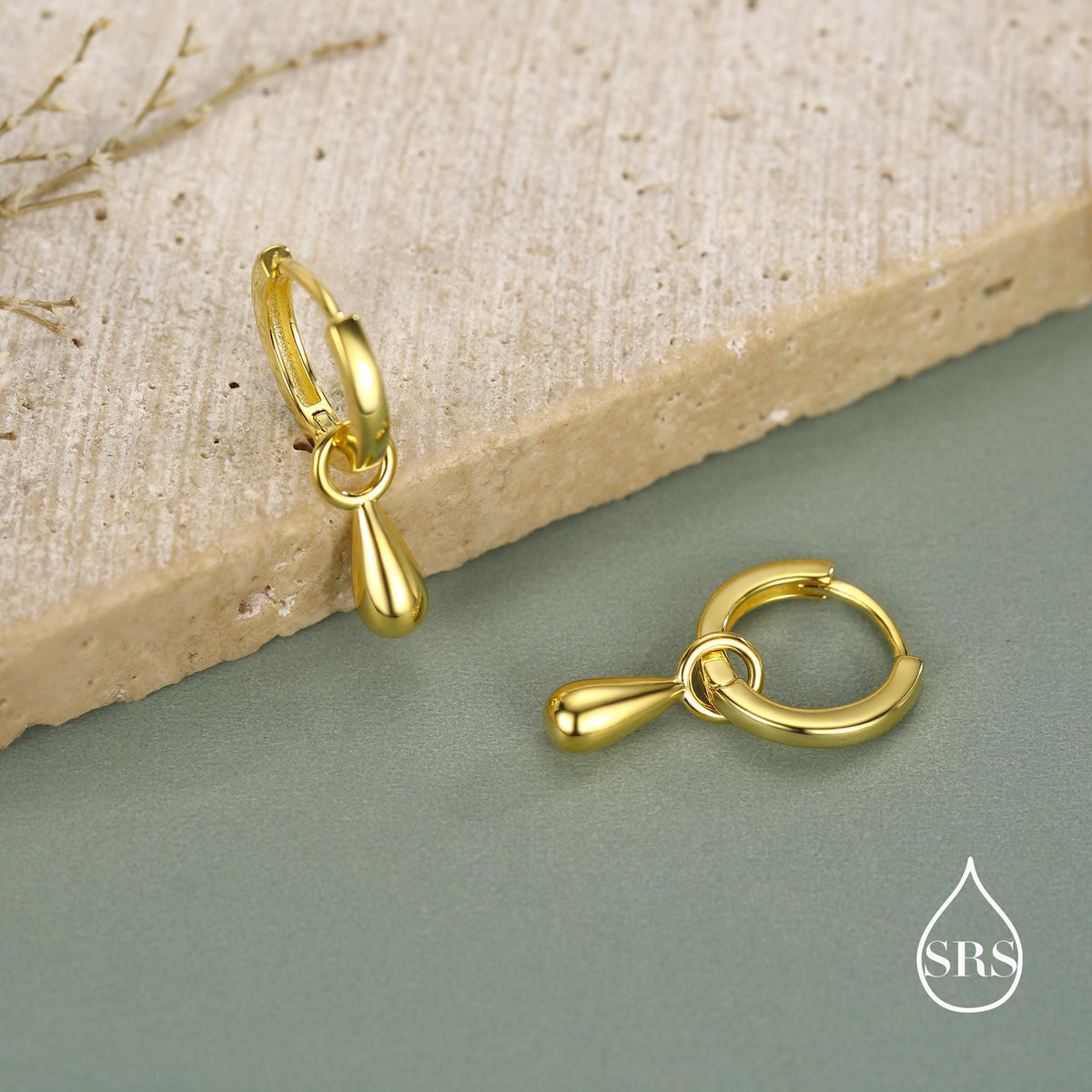 Sterling Silver Droplet Hoop Earrings, Silver, Gold or Rose Gold, Water Drop Earrings, Interchangeable Charms, Detachable