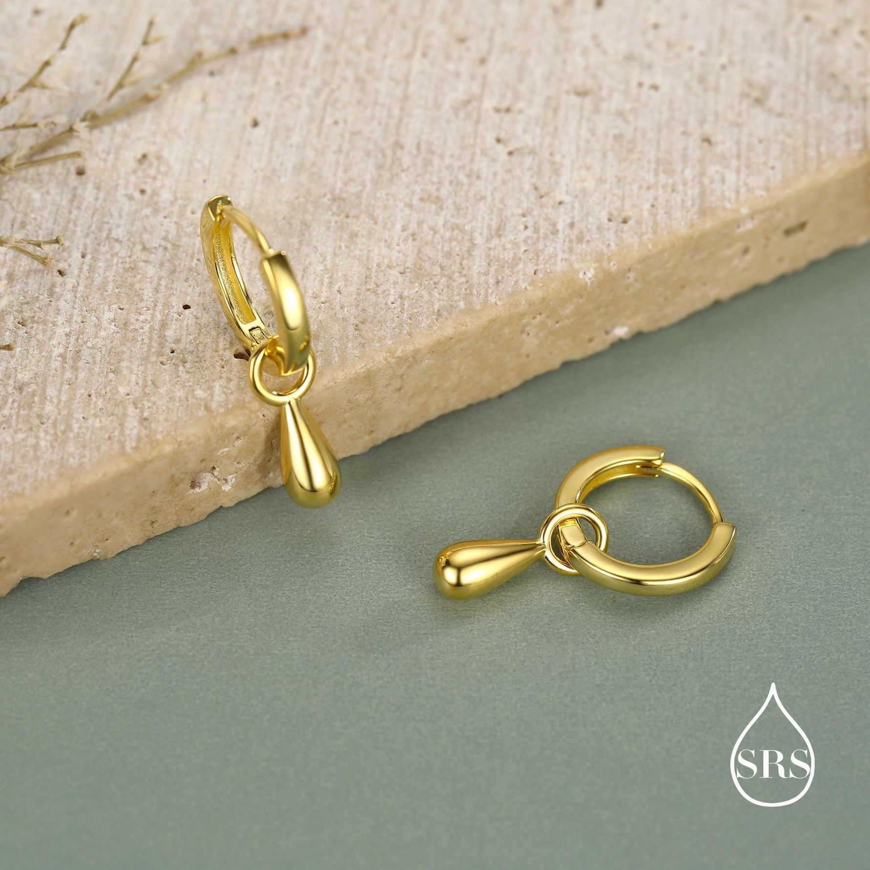 Sterling Silver Droplet Hoop Earrings, Silver, Gold or Rose Gold, Water Drop Earrings, Interchangeable Charms, Detachable