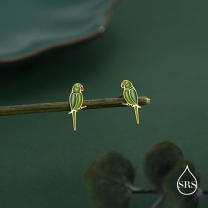 Sterling Silver Green Enamel Parakeet Parrot Earrings， Bird Earrings