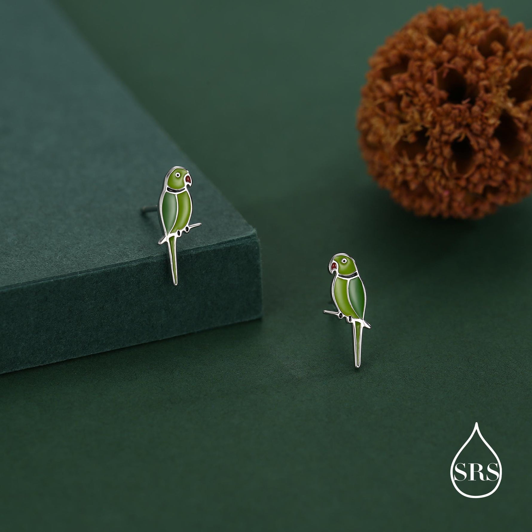 Sterling Silver Green Enamel Parakeet Parrot Earrings， Bird Earrings