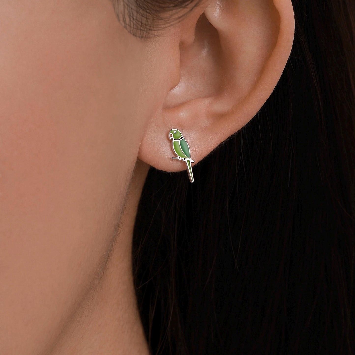 Sterling Silver Green Enamel Parakeet Parrot Earrings