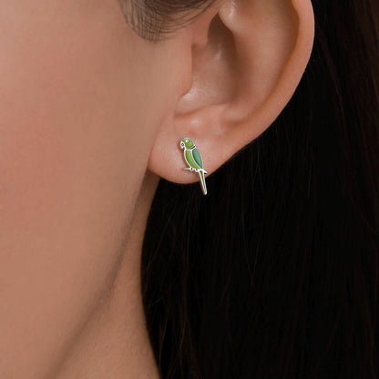 Sterling Silver Green Enamel Parakeet Parrot Earrings， Bird Earrings