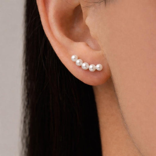 Genuine Freshwater Pearl Curved Bar Earrings in Sterling Silver, Delicate Keshi Pearl Bar Earrings, Pearl Smile Stud Earrings
