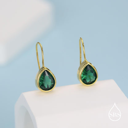 Sterling Silver Emerald Green Droplet Drop Earrings in Sterling Silver, Silver or Gold, Chunky Pear Shape Hook Earrings