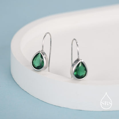 Sterling Silver Emerald Green Droplet Drop Earrings in Sterling Silver, Silver or Gold, Chunky Pear Shape Hook Earrings