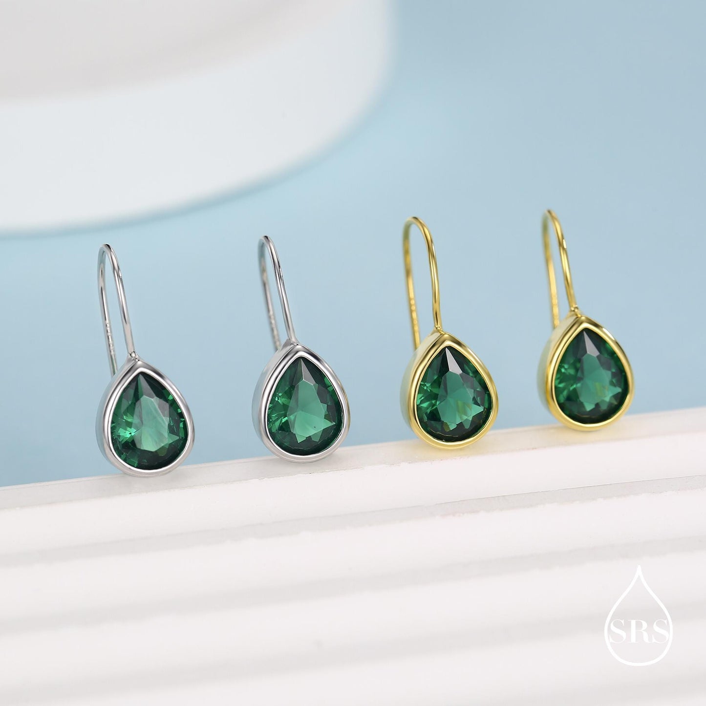 Sterling Silver Emerald Green Droplet Drop Earrings in Sterling Silver, Silver or Gold, Chunky Pear Shape Hook Earrings