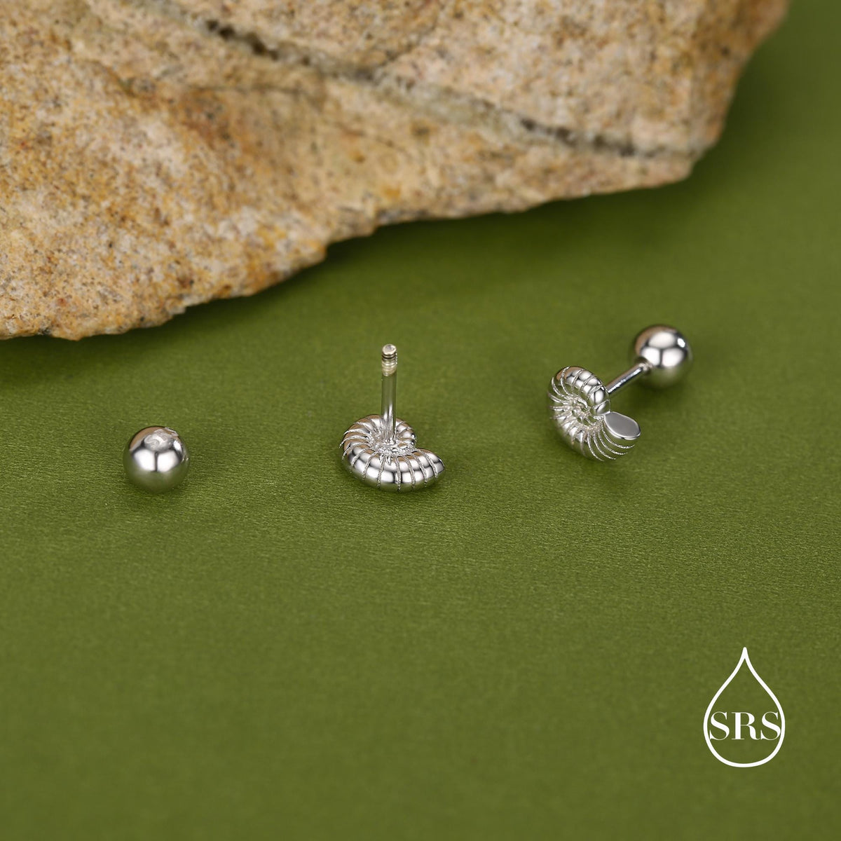 Sterling Silver Ammonite Nautilus Shell 16G Screw Back Stud Earrings with Ball Backs