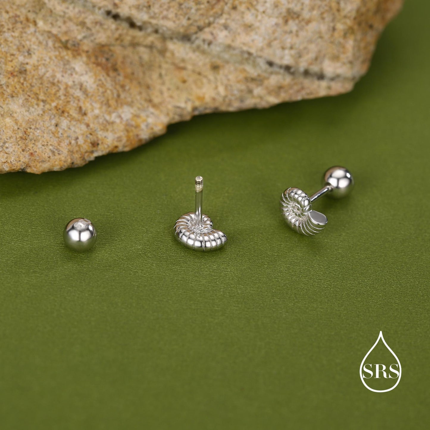 Sterling Silver Ammonite Nautilus Shell 16G Screw Back Stud Earrings with Ball Backs