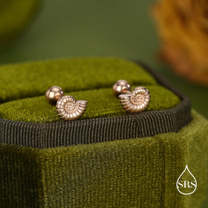 Sterling Silver Ammonite Nautilus Shell 16G Screw Back Stud Earrings with Ball Backs