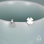 Mismatched Wishbone and Clover Leaf Stud Earrings in Sterling Silver, Silver, Gold or Rose Gold Finish, Asymmetric Small Good Luck Earring