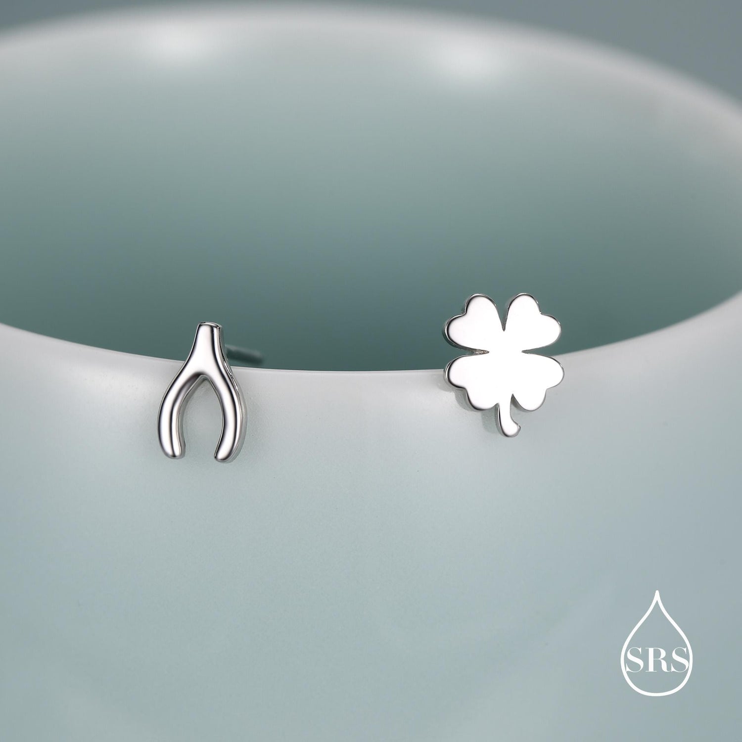 Mismatched Wishbone and Clover Leaf Stud Earrings in Sterling Silver, Silver, Gold or Rose Gold Finish, Asymmetric Small Good Luck Earring