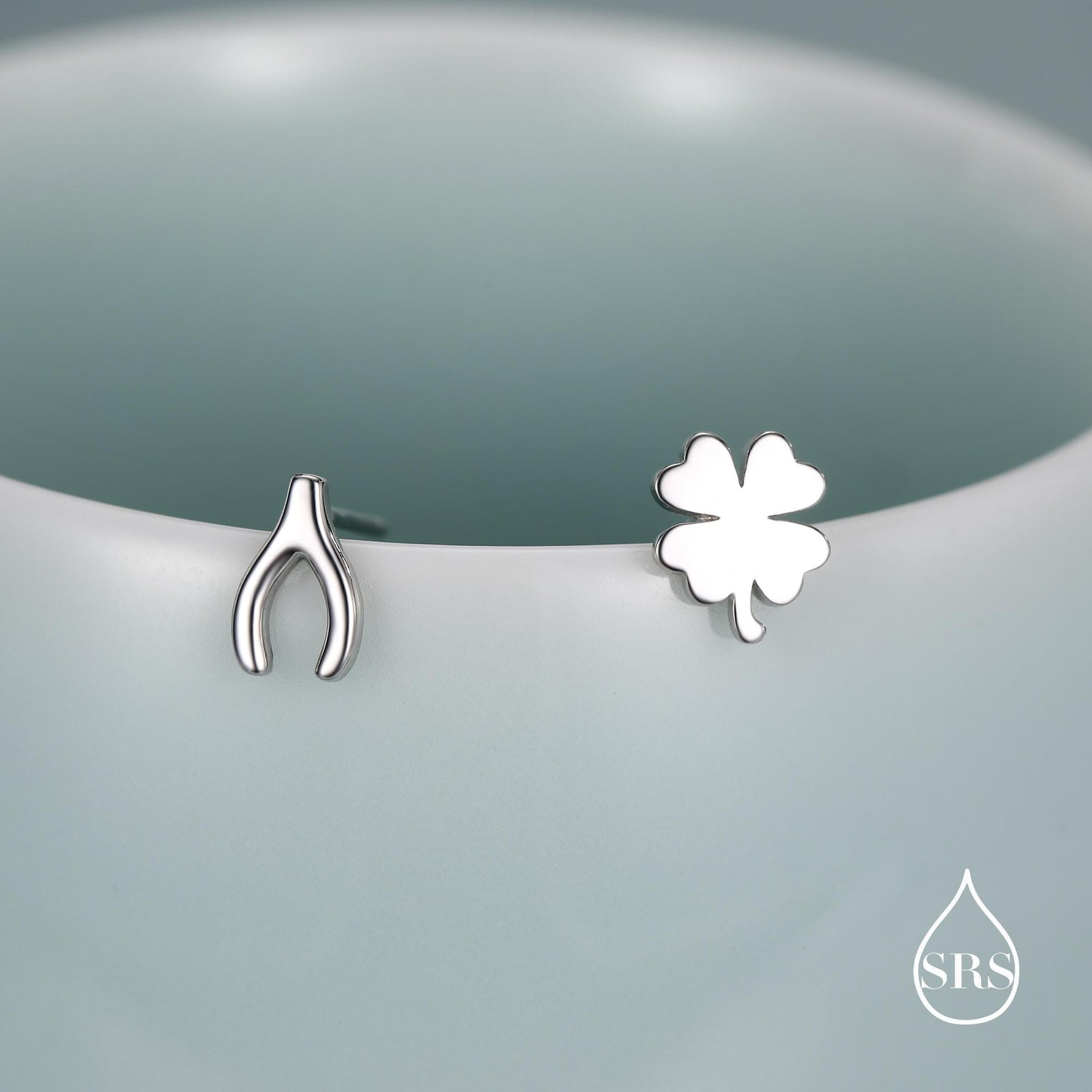 Mismatched Wishbone and Clover Leaf Stud Earrings in Sterling Silver, Silver, Gold or Rose Gold Finish, Asymmetric Small Good Luck Earring