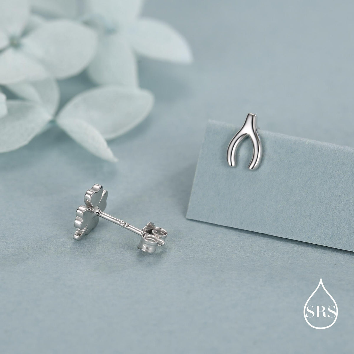 Mismatched Wishbone and Clover Leaf Stud Earrings in Sterling Silver, Silver, Gold or Rose Gold Finish, Asymmetric Small Good Luck Earring