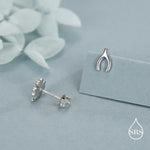 Mismatched Wishbone and Clover Leaf Stud Earrings in Sterling Silver, Silver, Gold or Rose Gold Finish, Asymmetric Small Good Luck Earring