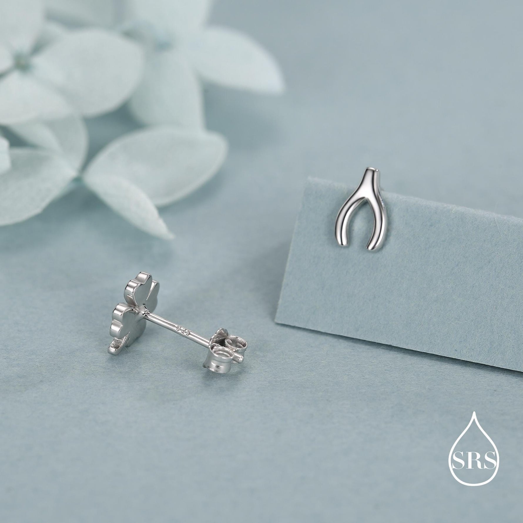 Mismatched Wishbone and Clover Leaf Stud Earrings in Sterling Silver, Silver, Gold or Rose Gold Finish, Asymmetric Small Good Luck Earring