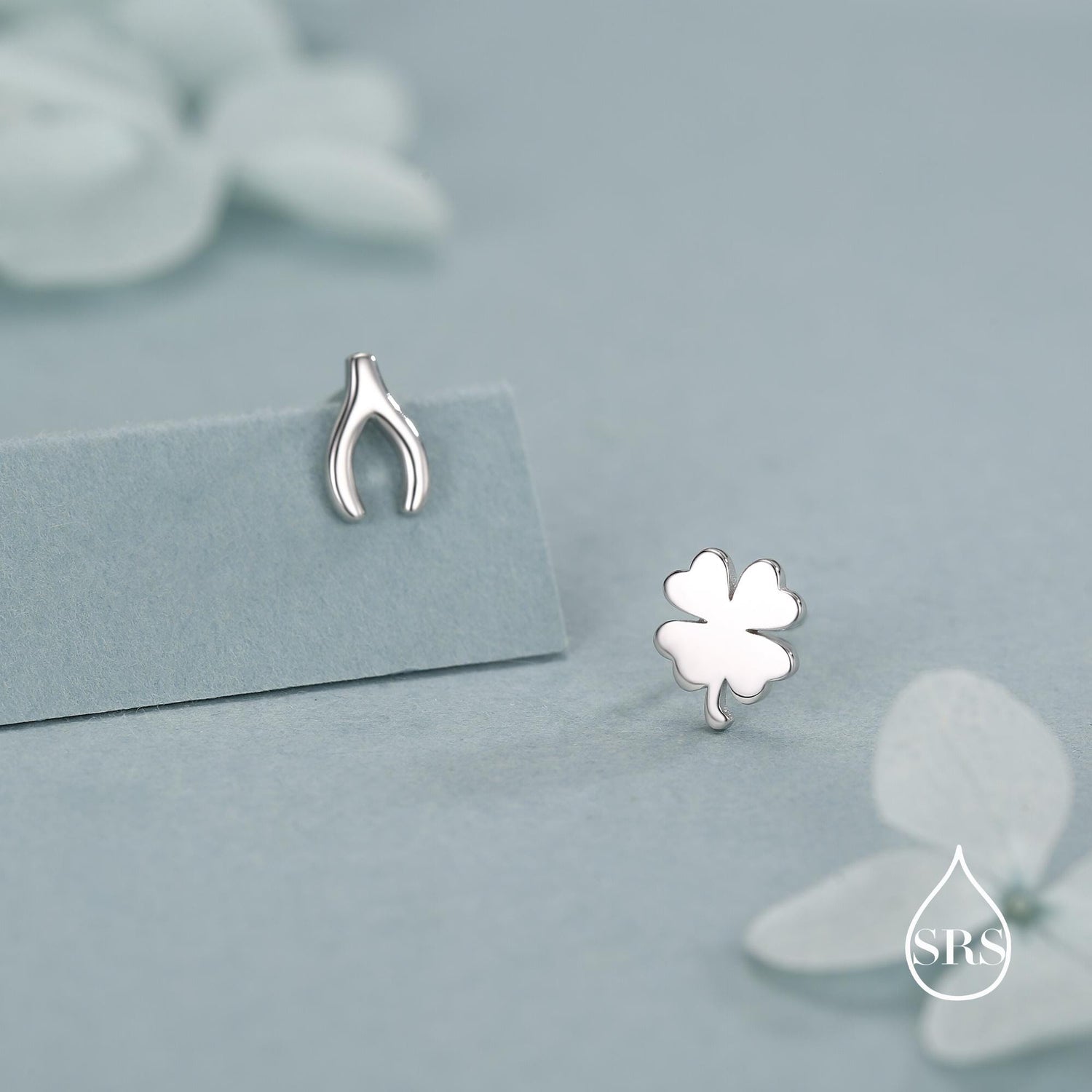 Mismatched Wishbone and Clover Leaf Stud Earrings in Sterling Silver, Silver, Gold or Rose Gold Finish, Asymmetric Small Good Luck Earring