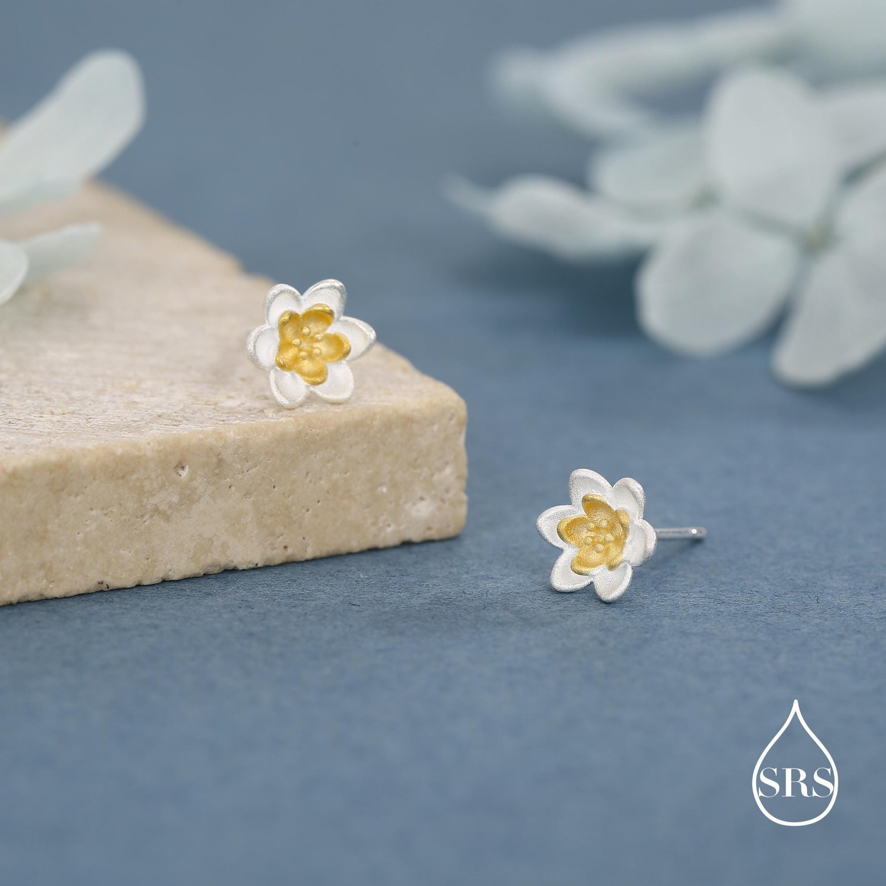 Sterling Silver Water Lily Stud Earrings with Gold-Tone Centre