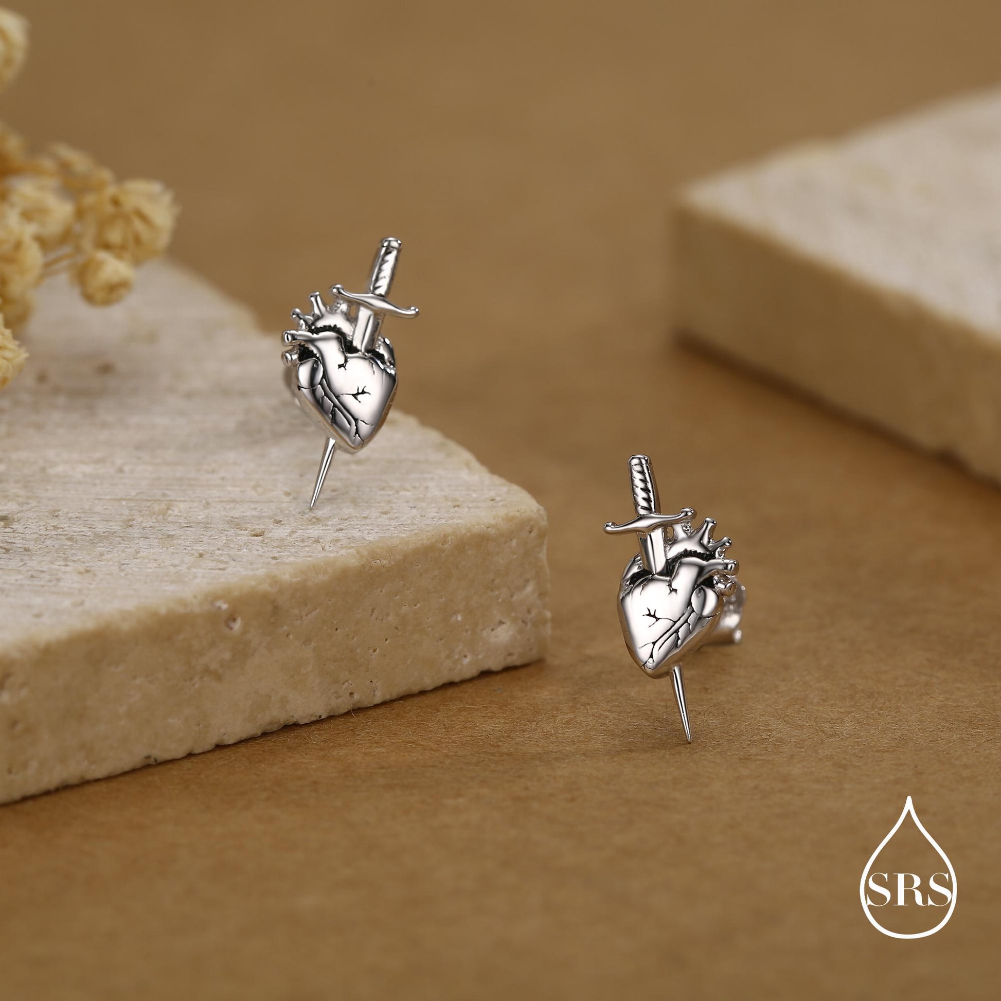 Sterling Silver Anatomical Heart Dagger Stud Earrings