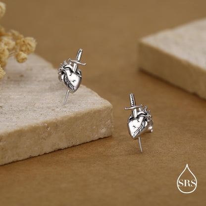 Sterling Silver Anatomical Heart Dagger Stud Earrings