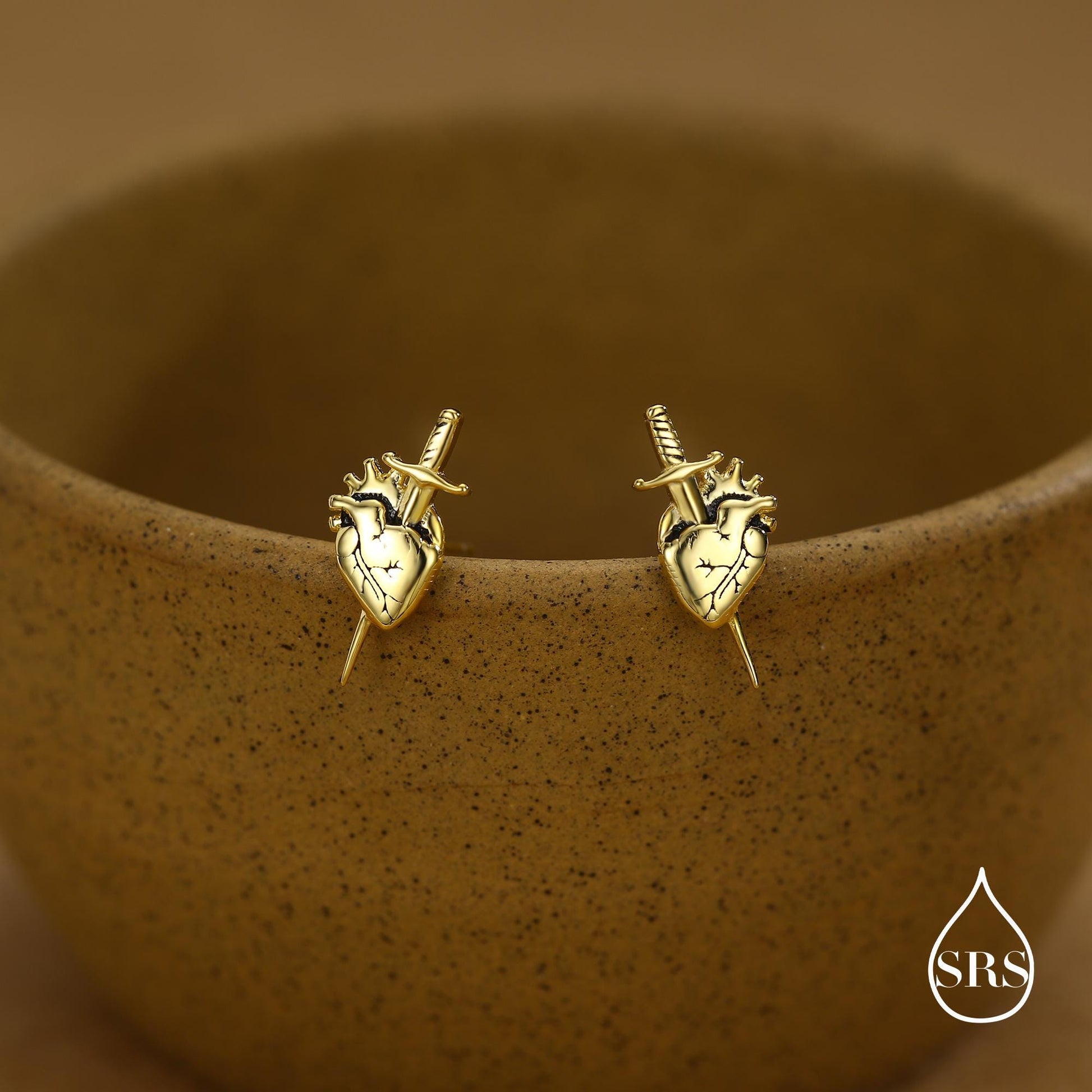 Sterling Silver Anatomical Heart Dagger Stud Earrings