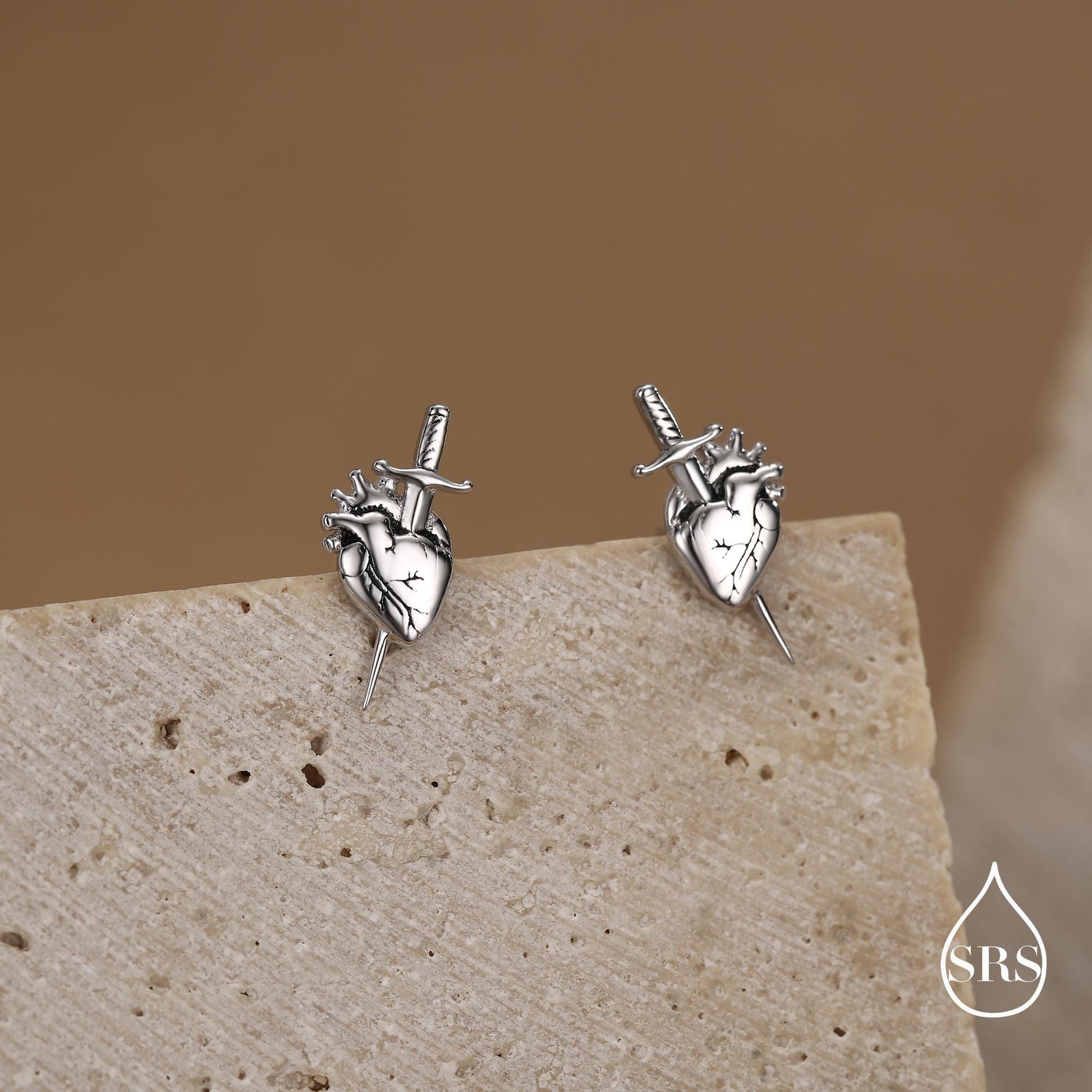 Sterling Silver Anatomical Heart Dagger Stud Earrings