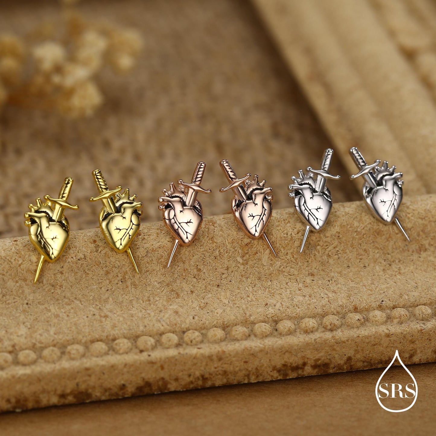 Sterling Silver Anatomical Heart Dagger Stud Earrings