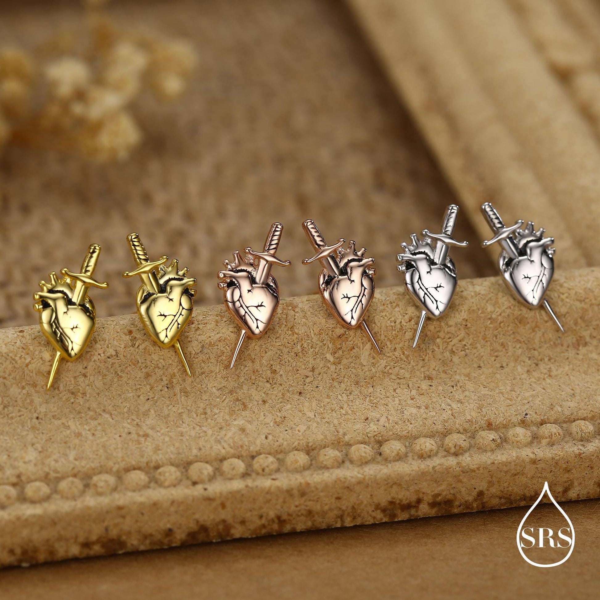 Sterling Silver Anatomical Heart Dagger Stud Earrings