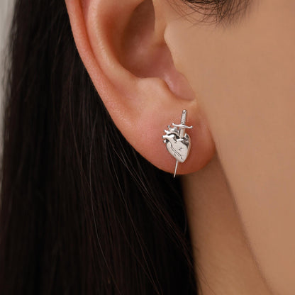 Sterling Silver Anatomical Heart Dagger Stud Earrings