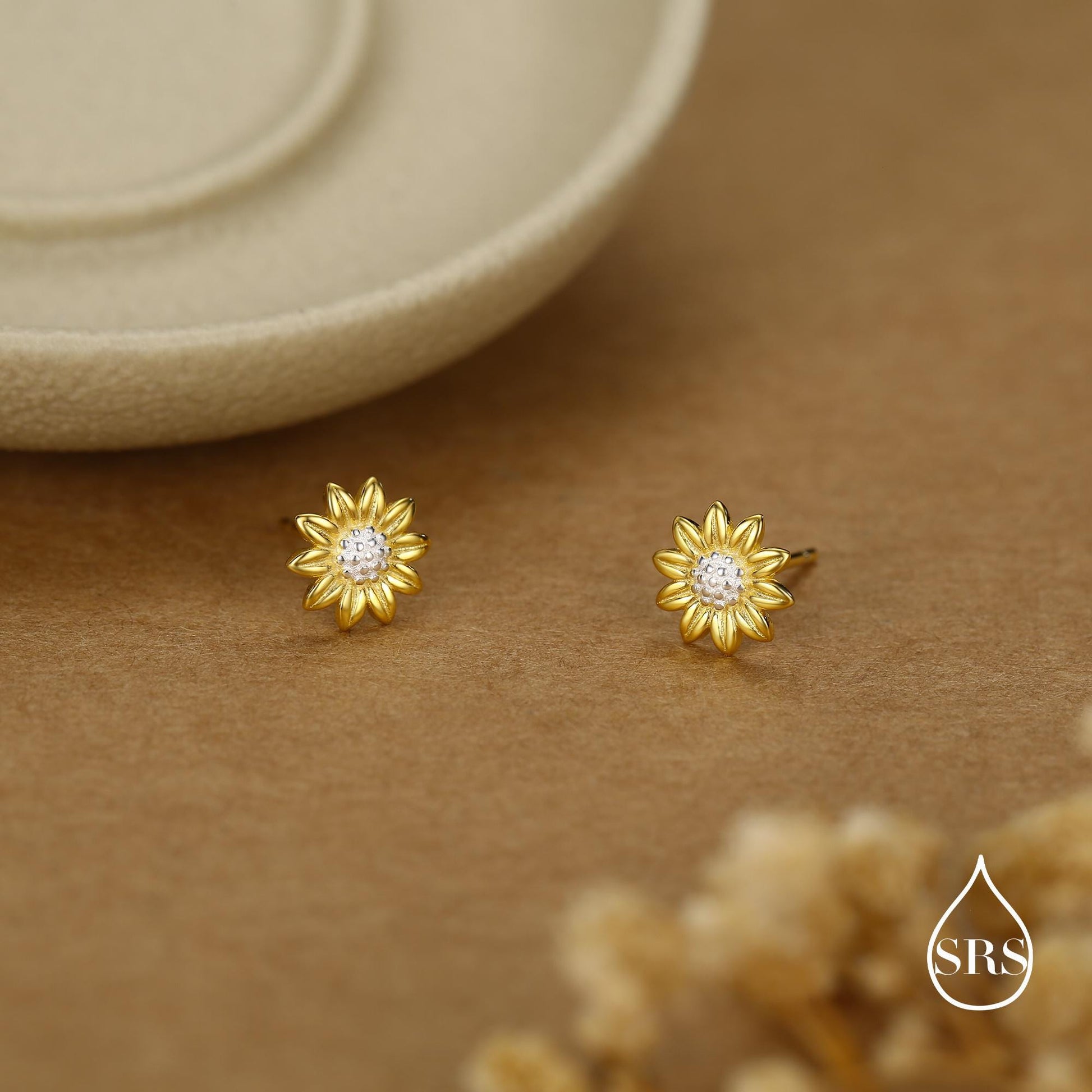 Little Sunflower Flower Stud Earrings in Sterling Silver - Flower Earrings - Cute Flower Blossom Daisy Earrings - Fun, Whimsical