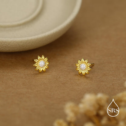 Little Sunflower Flower Stud Earrings in Sterling Silver - Flower Earrings - Cute Flower Blossom Daisy Earrings - Fun, Whimsical