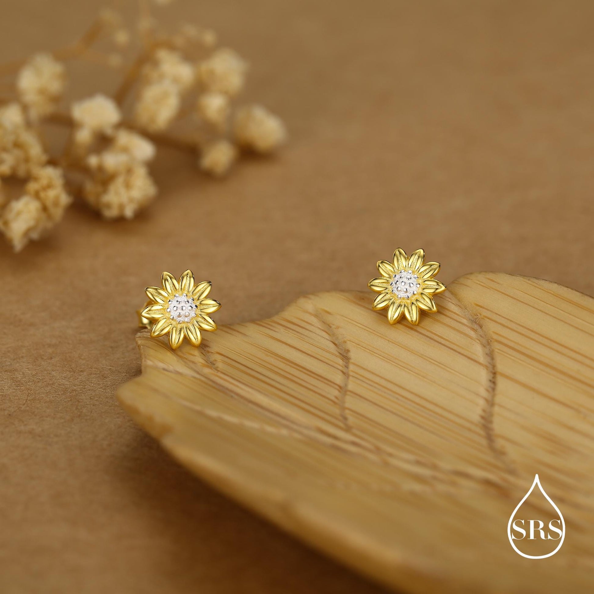 Little Sunflower Flower Stud Earrings in Sterling Silver - Flower Earrings - Cute Flower Blossom Daisy Earrings - Fun, Whimsical
