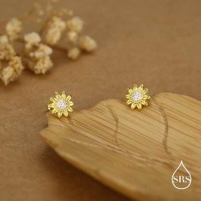 Little Sunflower Flower Stud Earrings in Sterling Silver - Flower Earrings - Cute Flower Blossom Daisy Earrings - Fun, Whimsical