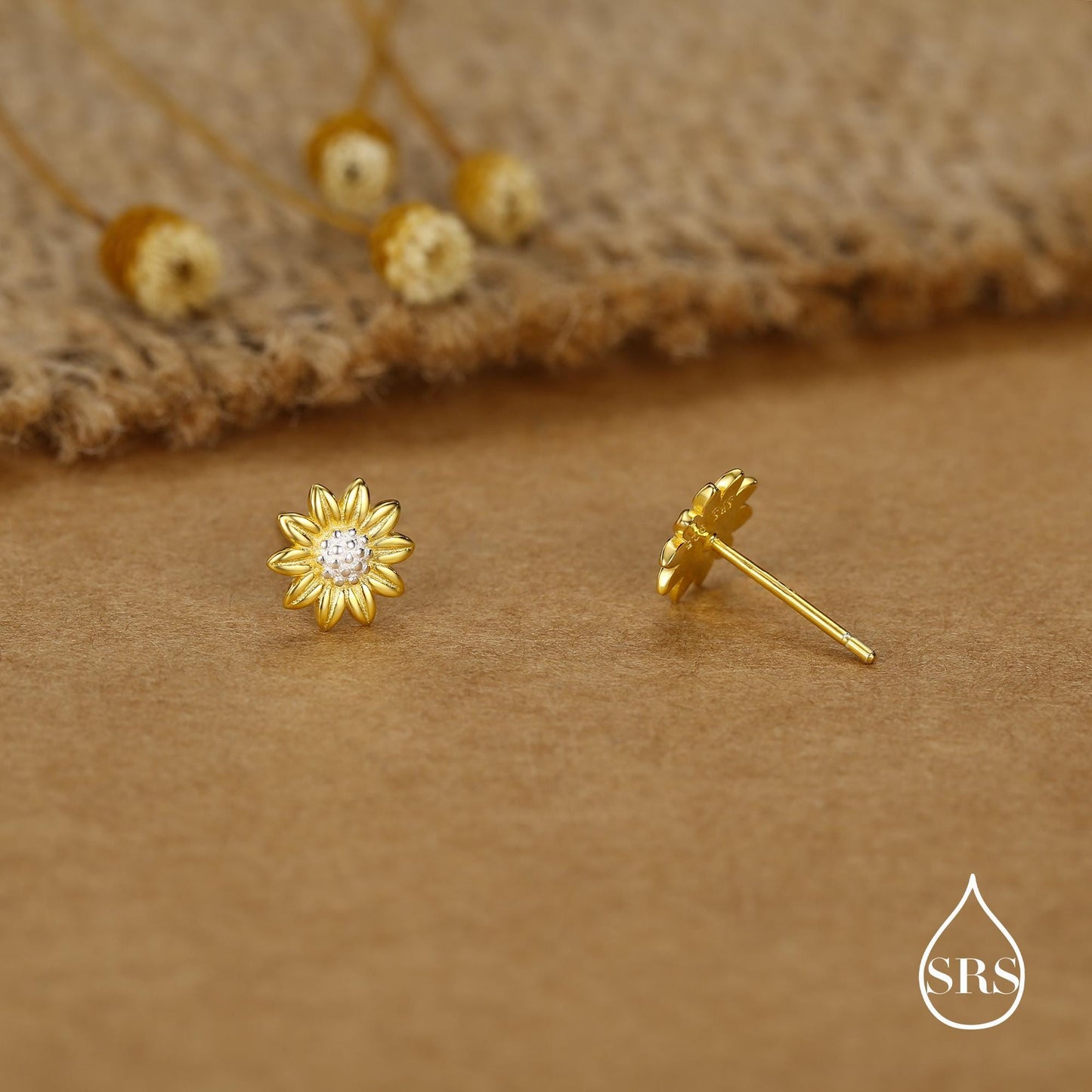 Little Sunflower Flower Stud Earrings in Sterling Silver - Flower Earrings - Cute Flower Blossom Daisy Earrings - Fun, Whimsical