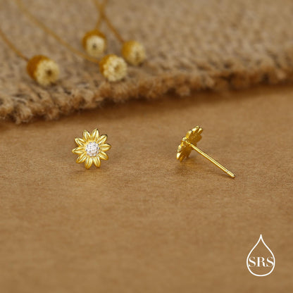 Little Sunflower Flower Stud Earrings in Sterling Silver - Flower Earrings - Cute Flower Blossom Daisy Earrings - Fun, Whimsical