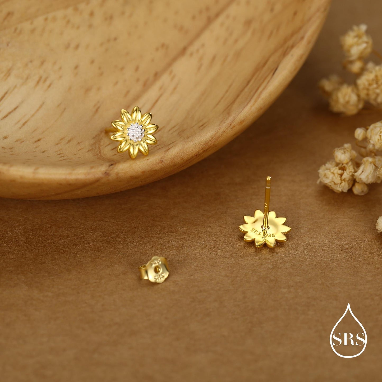 Little Sunflower Flower Stud Earrings in Sterling Silver - Flower Earrings - Cute Flower Blossom Daisy Earrings - Fun, Whimsical