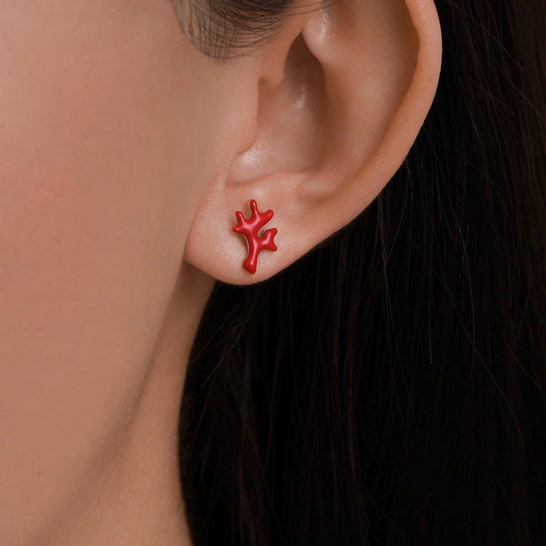 Sterling Silver Asymmetric Red Coral Branch Stud Earrings