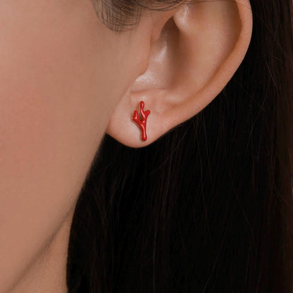 Sterling Silver Asymmetric Red Coral Branch Stud Earrings