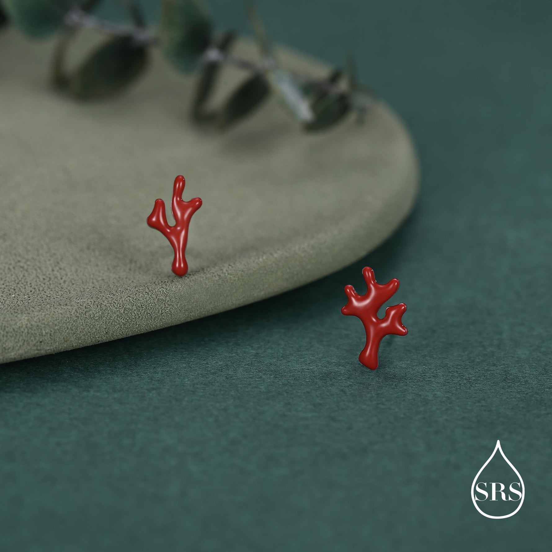 Sterling Silver Asymmetric Red Coral Branch Stud Earrings