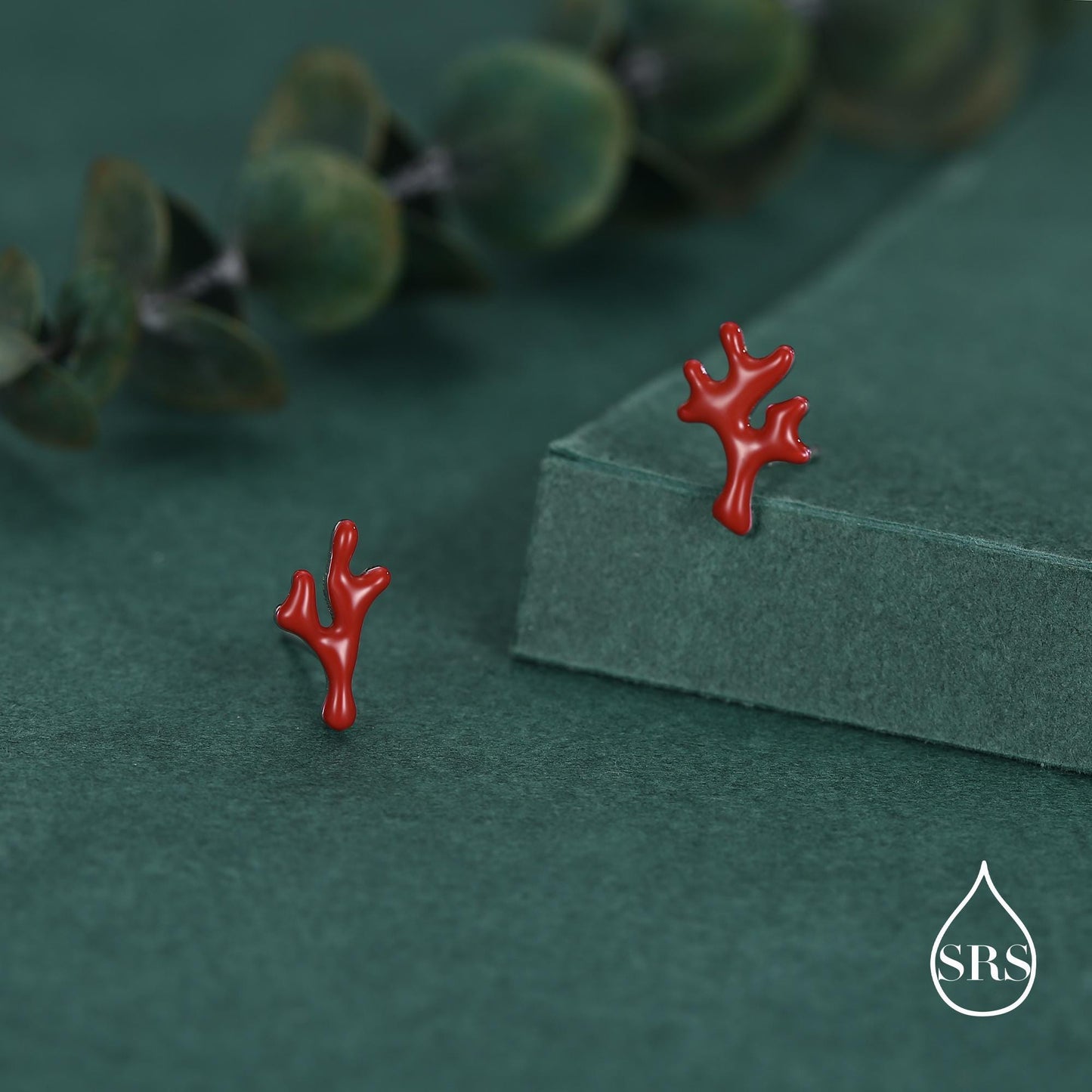Sterling Silver Asymmetric Red Coral Branch Stud Earrings