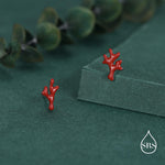 Sterling Silver Asymmetric Red Coral Branch Stud Earrings