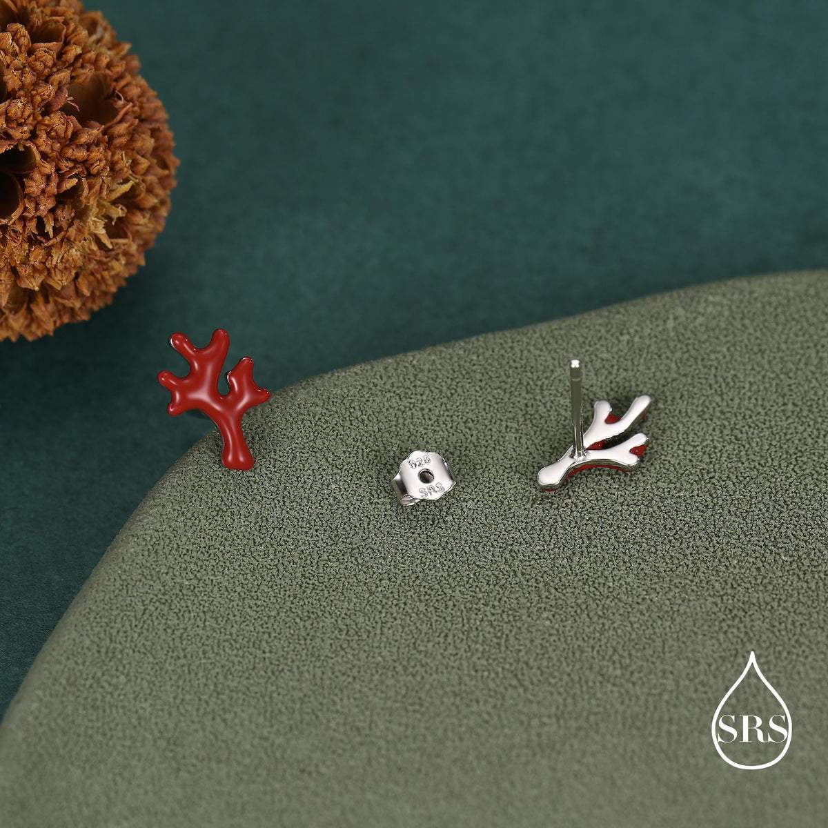 Sterling Silver Asymmetric Red Coral Branch Stud Earrings